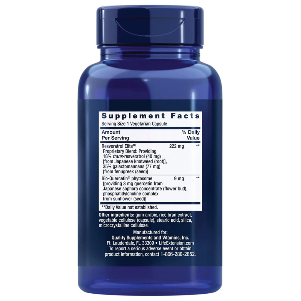 Life Extension Optimized Resveratrol Elite, Trans-resveratrol, quercetin, Healthy Aging, Heart Health, Brain Health, oxidative Stress, Gluten-Free, Non-GMO, Vegetarian, 60 Capsules