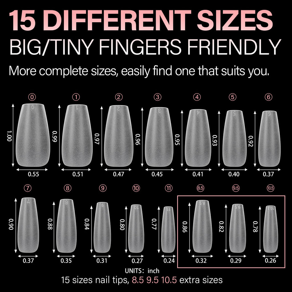 AILLSA Short Almond Nail Tips include 450 pieces in 15 sizes, ideal for all finger sizes. Perfect for custom nail art.