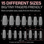 AILLSA Short Almond Nail Tips include 450 pieces in 15 sizes, ideal for all finger sizes. Perfect for custom nail art.