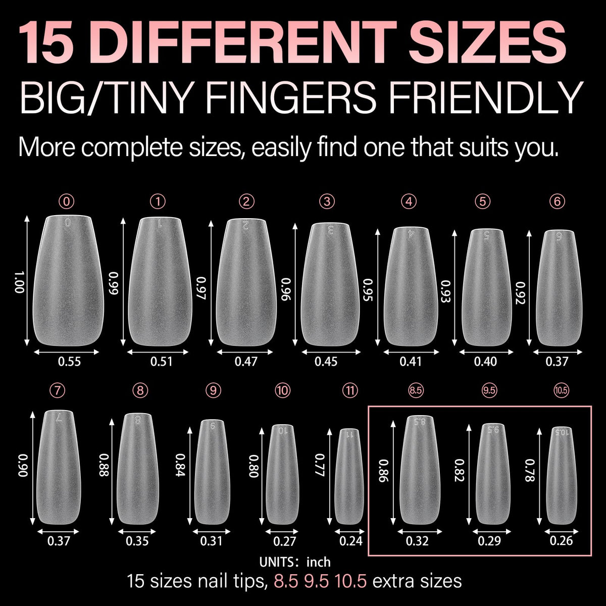 AILLSA Short Almond Nail Tips include 450 pieces in 15 sizes, ideal for all finger sizes. Perfect for custom nail art.