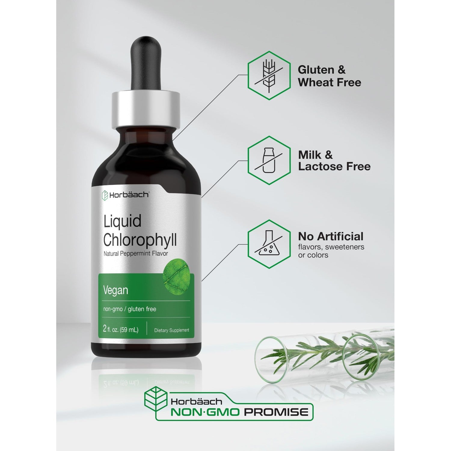 Horbäach Liquid Chlorophyll Drops | 2 fl oz | Natural Peppermint Flavor | Vegan, Non-GMO & Gluten Free Formula