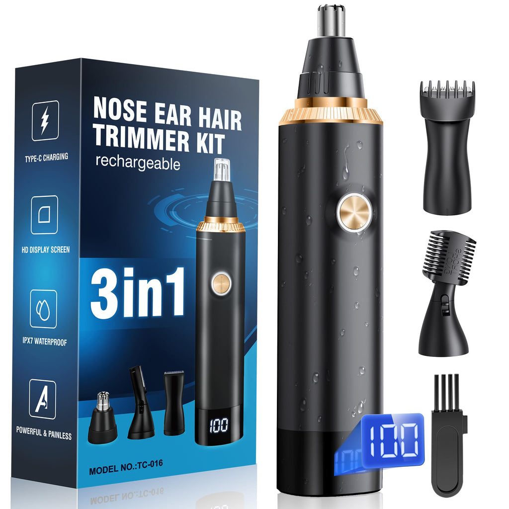 Nose Hair Trimmer for Men, 3-in-1 Professional Painless USB-C Rechargeable Eyebrow & Facial Nose Trimmer for Men Women, LED Display Trimmer with Powerful Motor and Dual-Edge Blades, Gold