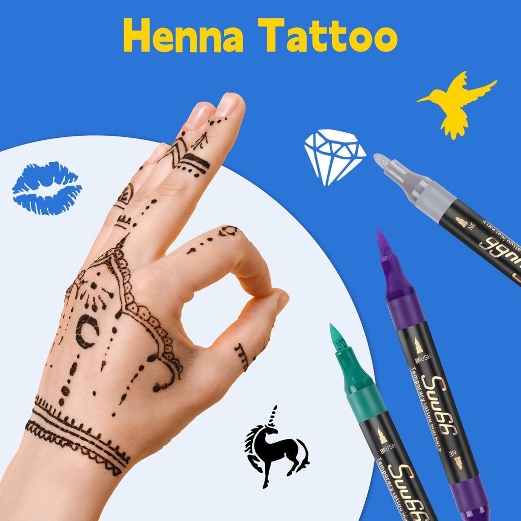 Suu66 Temporary Tattoo Markers Kit, Dual-End 16 Colors with 80 Stencils for Body Art | Skin-Safe, Washable, Cosmetic-Grade | for Kids & Adults