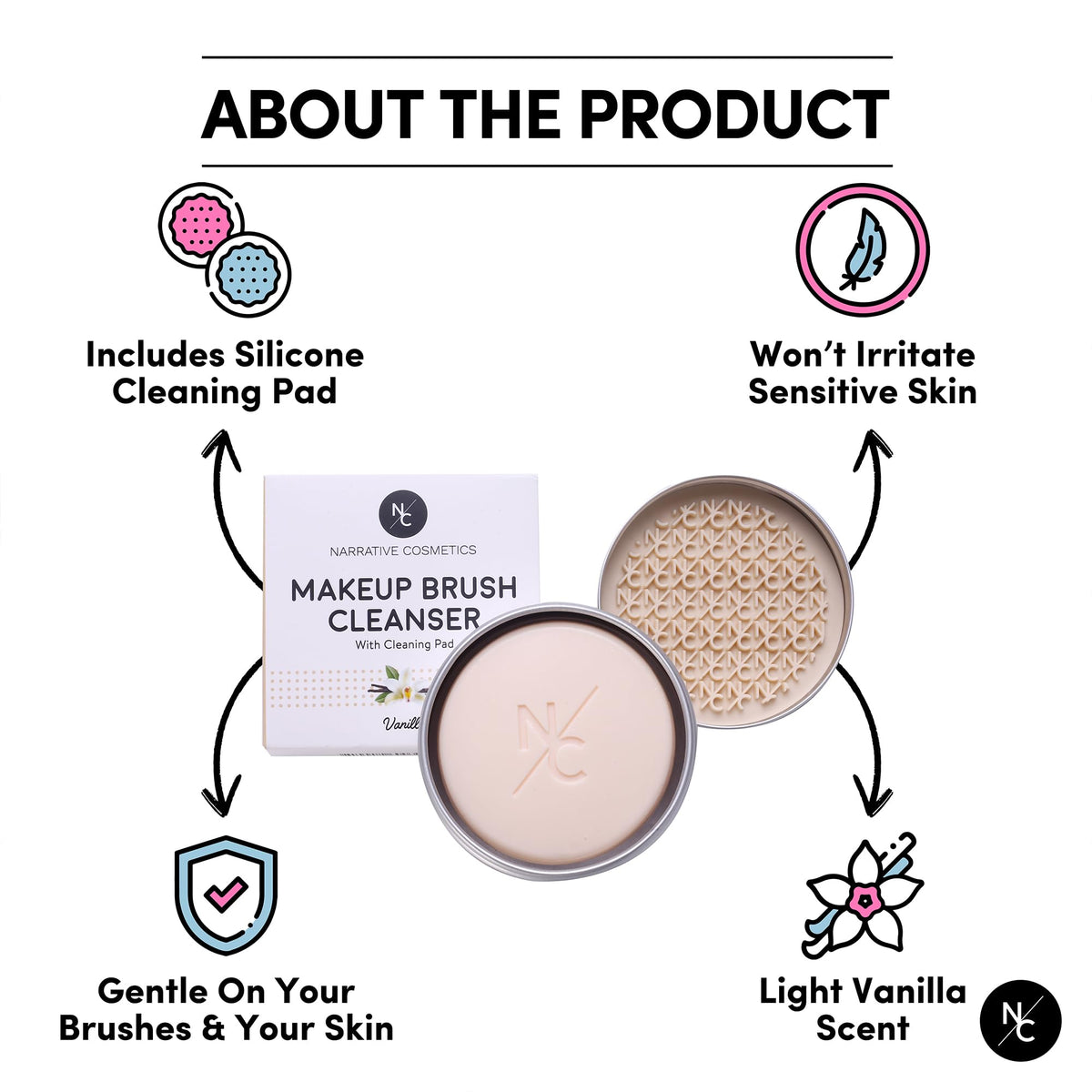 Narrative Cosmetics Makeup Brush Cleaner Soap with Silicone Scrubber Pad | Solid Cleanser for Brushes & Beauty Blenders | Vegan, Cruelty-Free, Avocado Jojoba Argan Oil, Vanilla Scent, 2.45 Oz
