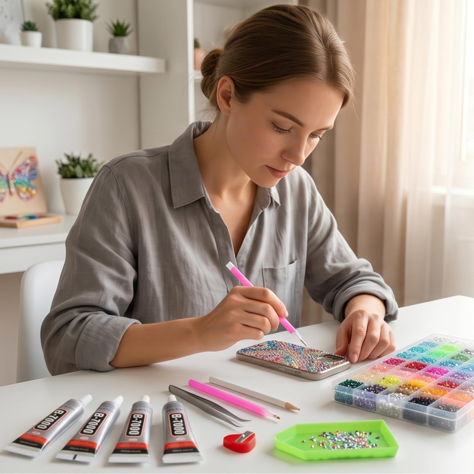 40,000-Piece Bedazzling Kit, 40 Colors, 3mm Jelly AB Resin Rhinestones | Flatback gems with 4 B-7000 glue tubes, 40-compartment box, tweezers and trays for tumblers, phone cases and DIY crafts.