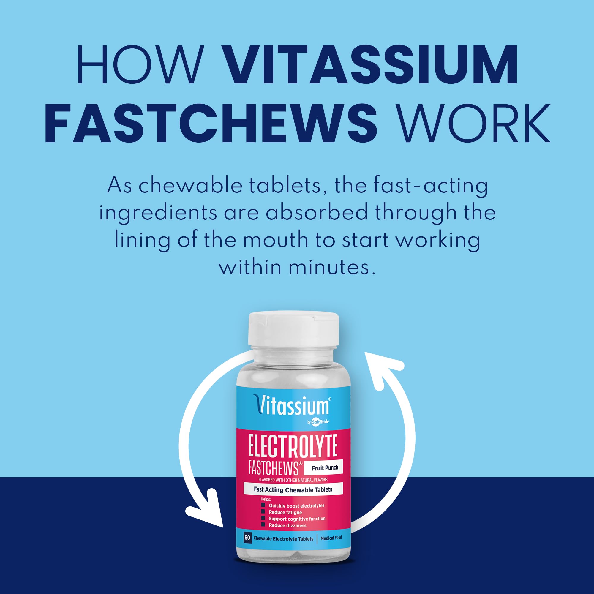 Vitassium FastChews, Chewable Electrolyte Tablets for Management of POTS and High Sodium Diets, Fast-Acting Sodium Tablets, Strawberry Lemonade, 60 Count