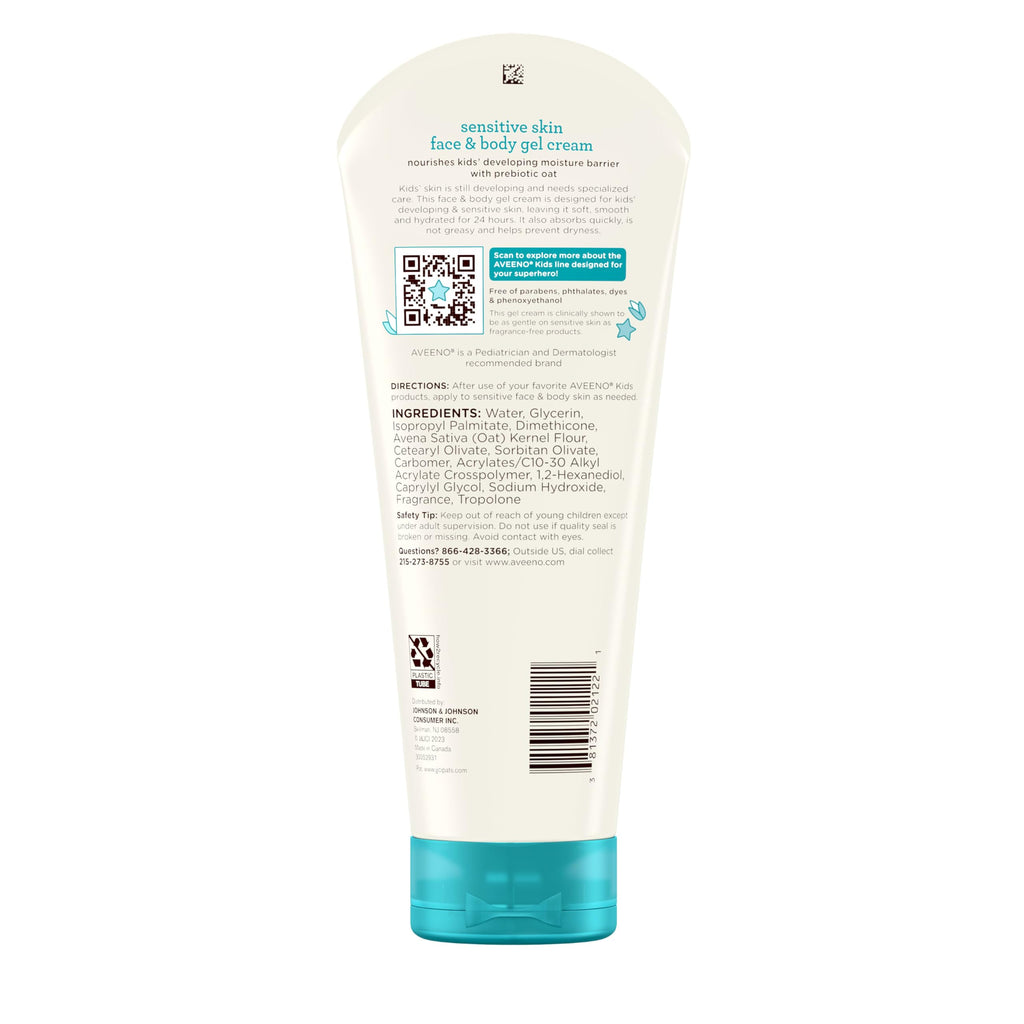 Aveeno Kids Sensitive Skin Face & Body Gel Cream, Hypoallergenic, 8 oz | Prebiotic Oat, 24 Hour Hydration, Quick Drying & Lightweight, Soft Skin