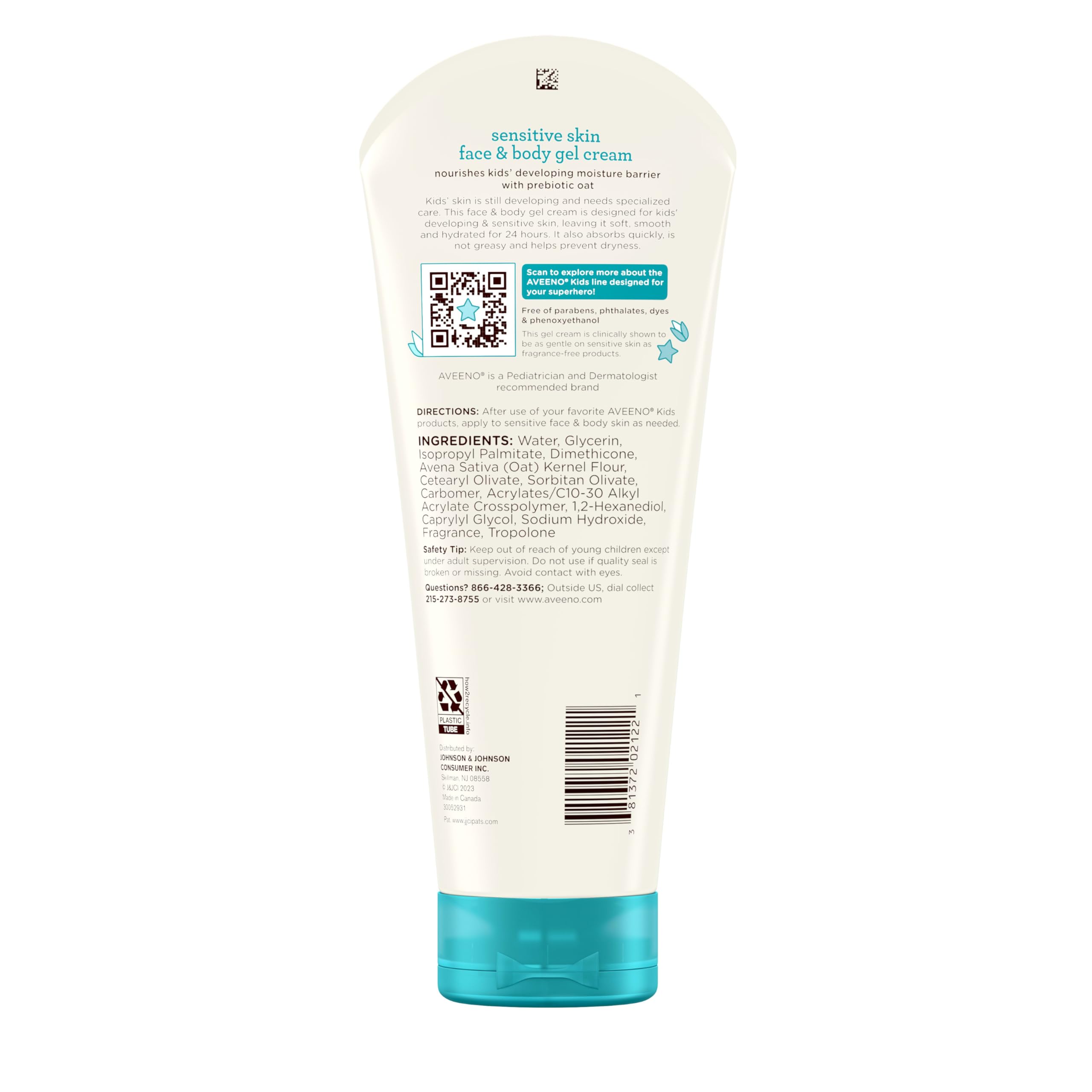 Aveeno Kids Sensitive Skin Face & Body Gel Cream, Hypoallergenic, 8 oz | Prebiotic Oat, 24 Hour Hydration, Quick Drying & Lightweight, Soft Skin