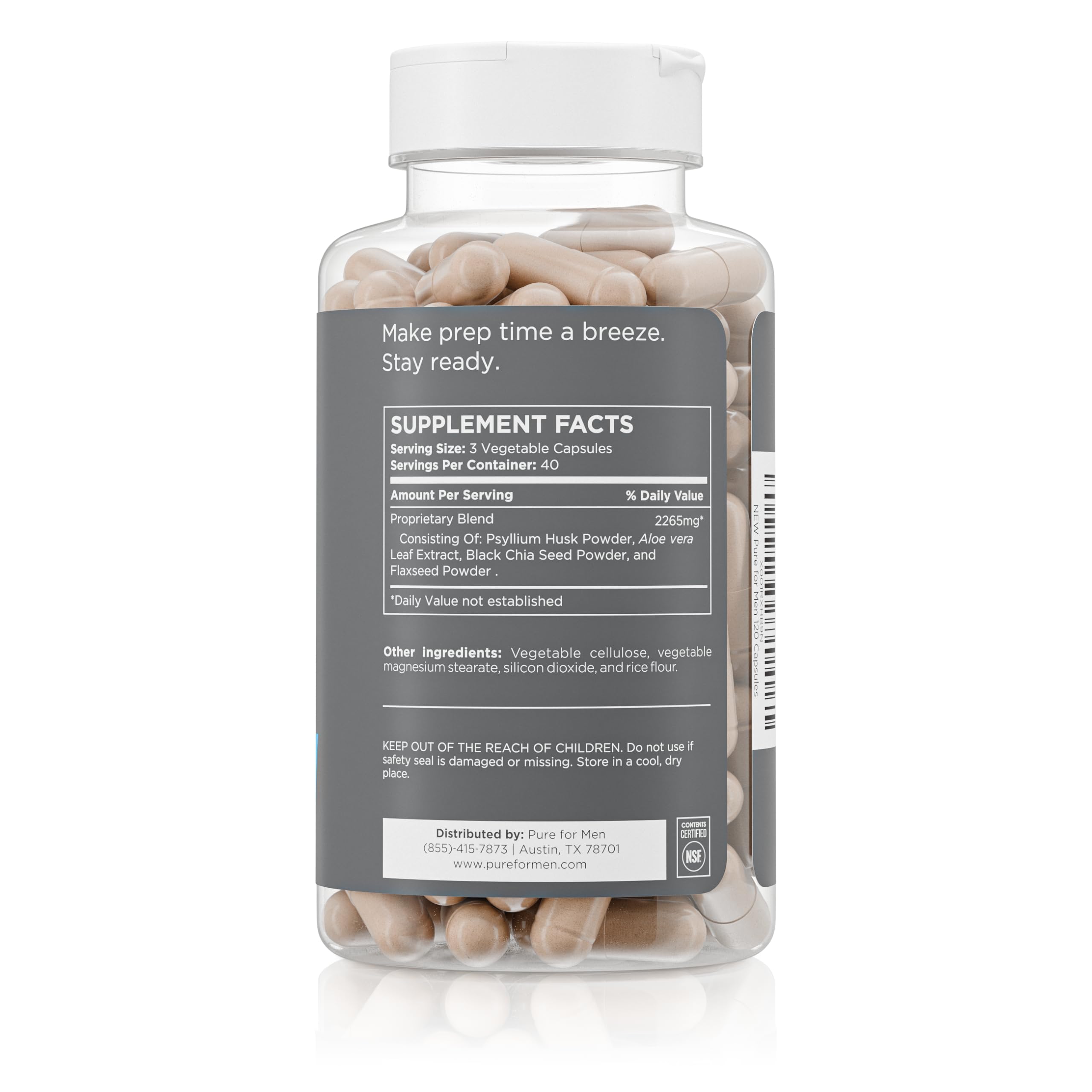 Pure for Men Stay Ready Fiber Supplement Psyllium Husk (120 Vegan Capsules) | Daily Fiber Pills for Men, Psyllium Husk, Aloe Vera, Chia & Flax, Digestive Regularity, Gut Health & Bloating Relief, Vegan