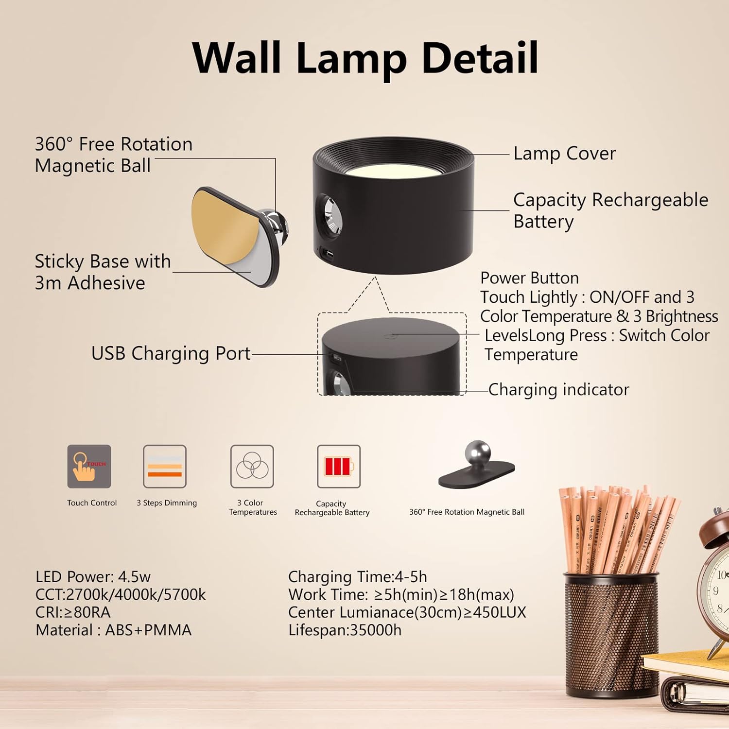 Buy now LED Wall Sconce, Wall Mounted Lamp with Rechargeable Battery Operated USB Port 3 Color Temperature & 3 Brightness Level 360°Rotate Magnetic Ball, Cordless Light for Reading Study Bedside at indiglob india