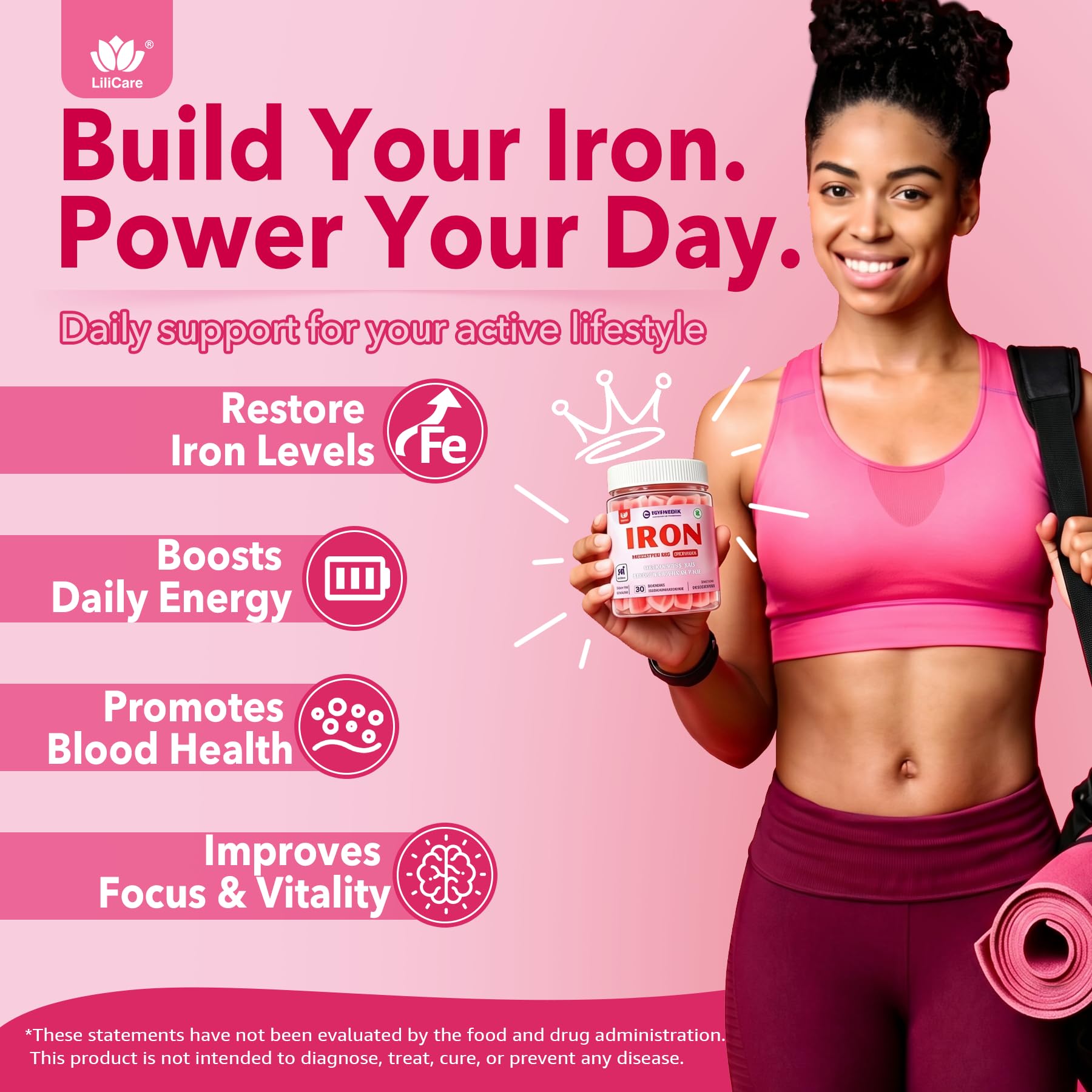 Iron Gummies for Women 25mg Plus Vitamin C, Beet Root, Vitamin B12, Folate for Iron Deficiency, Anemia, Energy Boost, Sugar Free Iron Supplement, Non-Constipating, No After Taste, 60 Cts