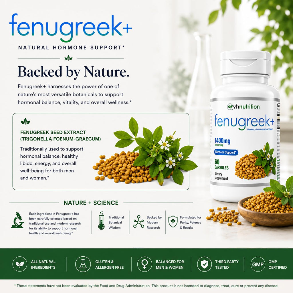 VH Nutrition Fenugreek+ 1400mg Capsules for Men & Women, 60 Count