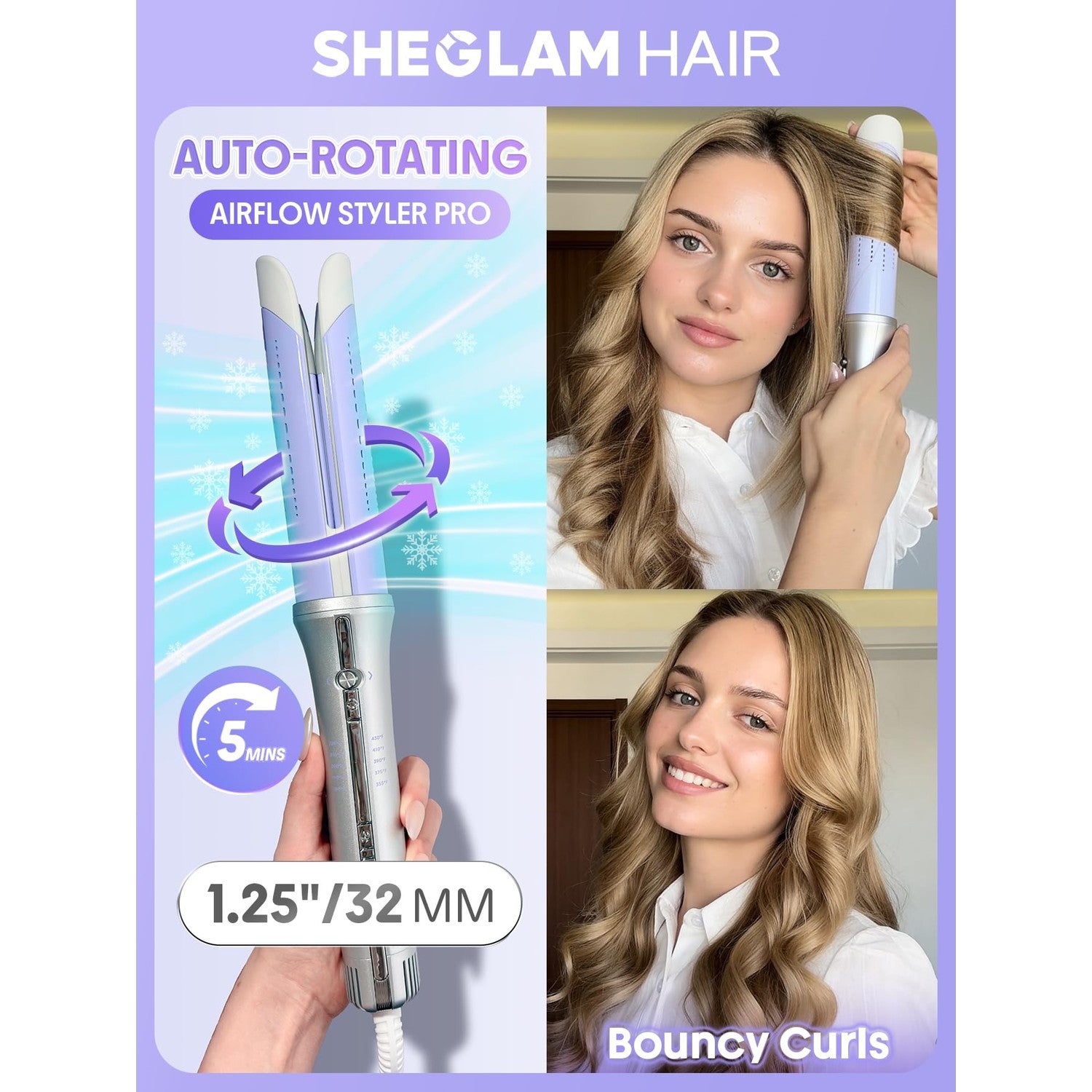 SHEGLAM One Touch Airflow Styler Pro 1.25 inch Automatic Rotating 3.0 Cool Air Technology for No-Wait, Curling Iron, Bouncy & Long-Lasting Curls, Zero Burn Risk, 5 Temp Settings
