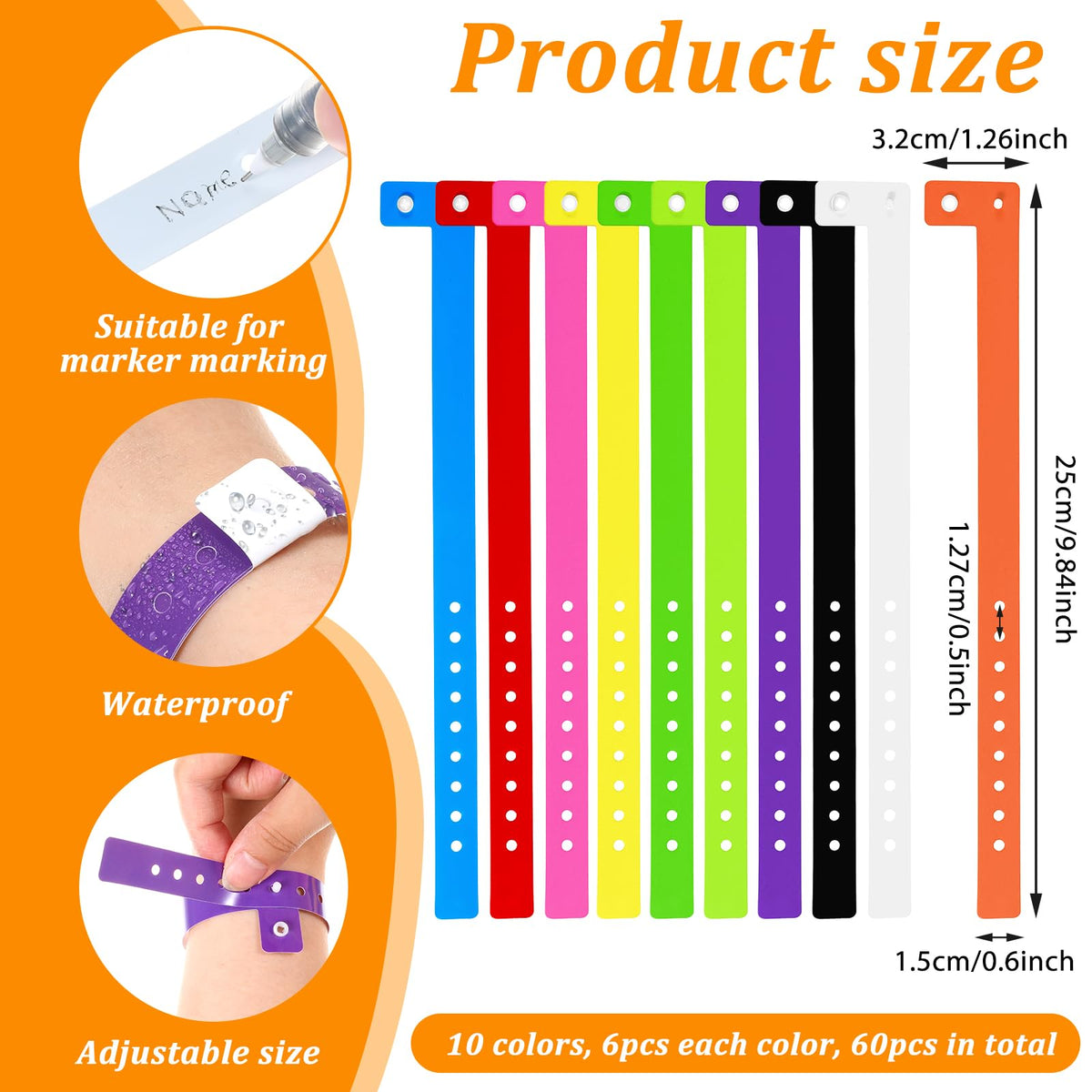60 Pcs Vinyl Wristband in 10 Colors, Plastic Wristbands for Events, Neon Plastic Event Wristbands, Colored Bracelet Wristband for Events, Concerts, Carnivals, Nightclubs, Bars, Park