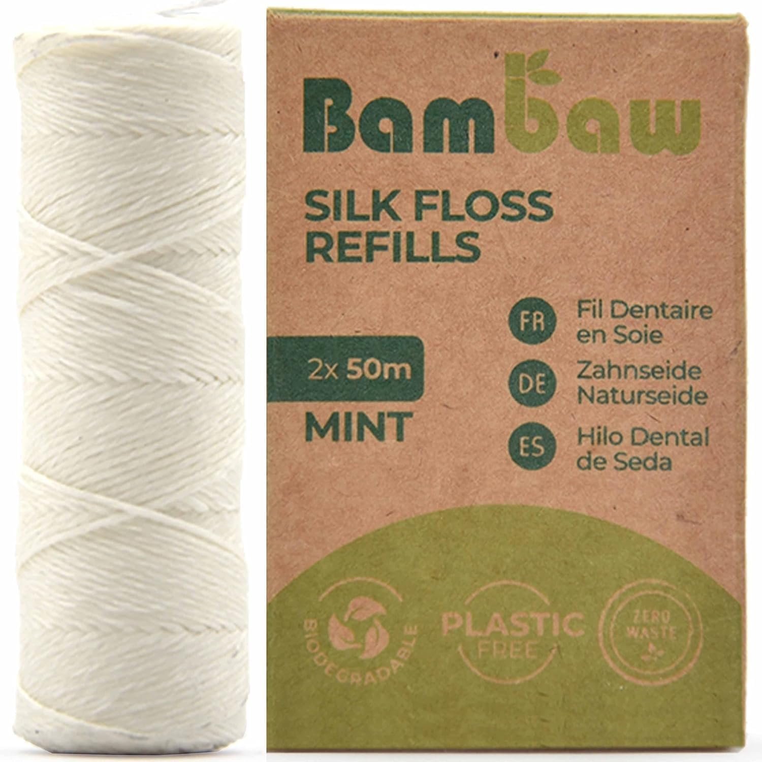 Buy now Natural Silk Dental Floss | Candelilla Wax Tooth Floss | Natural Dental Tape | Plastic Free Dental Floss | Eco Floss | Stainless Steel Dispenser | Zero Waste Floss | Silk Floss Mint | 55 yd | Bambaw Silk Floss - 2 Refills at indiglob india