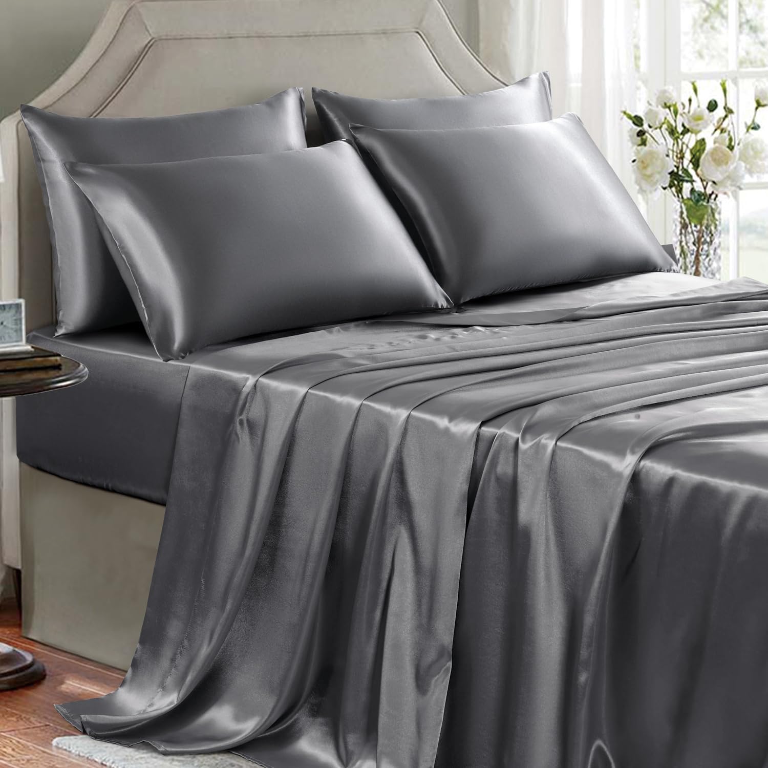 Buy now Satin Sheets King Size - 4 Pieces Luxury Silky Soft Bed Sheets, Wrinkle-Free Gold Satin Silk Sheet Set with 1 Deep Pocket Fitted Sheet, 1 Flat Sheet, 2 Pillow Cases Full(6Pc) Dark Gray at indiglob india