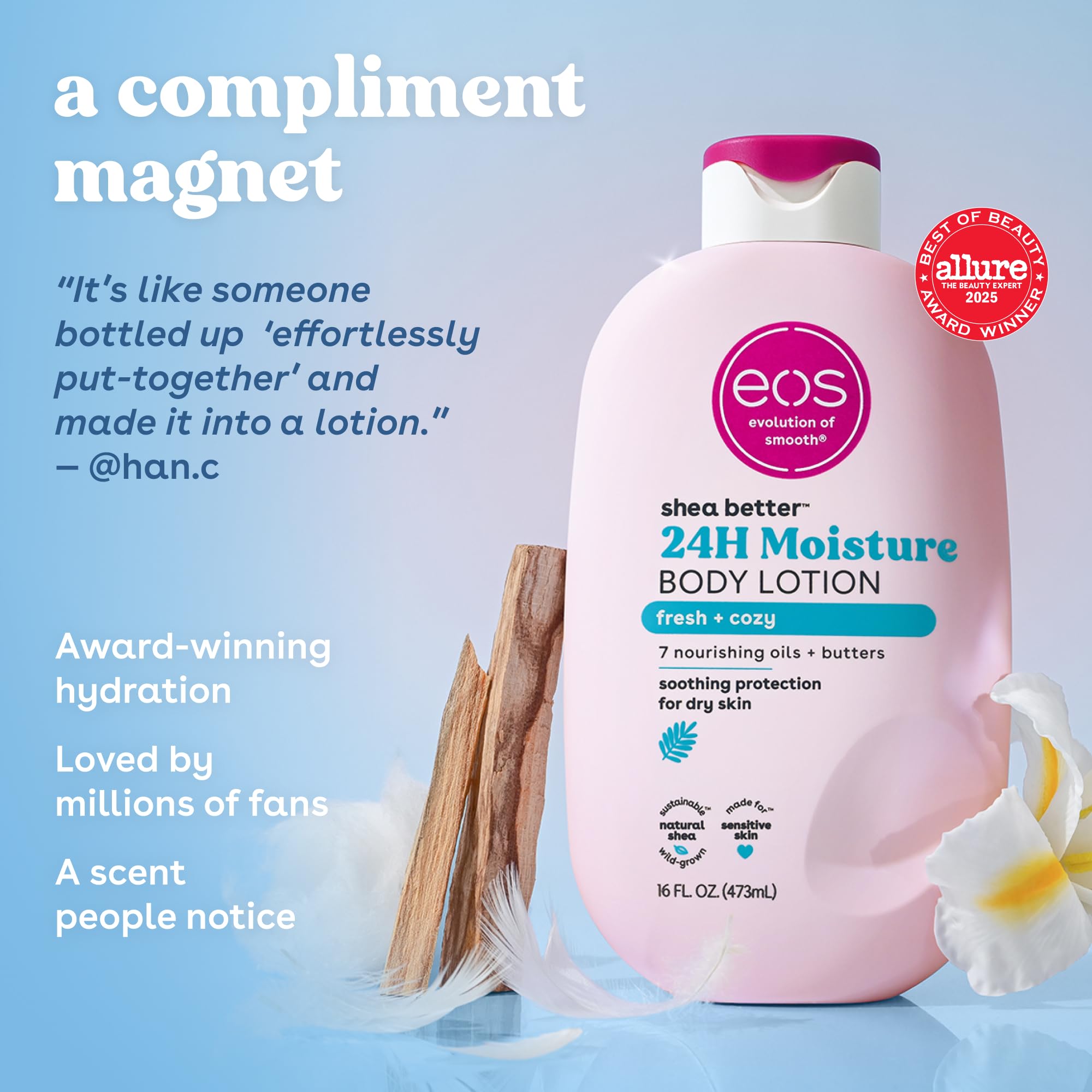 eos Shea Better Body Lotion, Fresh & Cozy, 24-Hour Moisture Skin Care, Lightweight & Non-Greasy, Natural Shea, Vegan, 16 fl oz