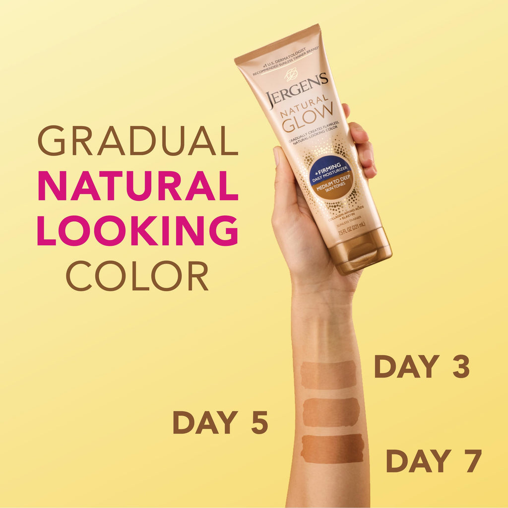 Jergens Natural Glow + Firming Daily Moisturizer Medium to Tan Skin Tones 7.5oz | Gradual Sunless Tanner, Collagen and Elastin, Firms Skin, Reduces Cellulite, Daily Moisturizer, Medium to Deep Skin Tone