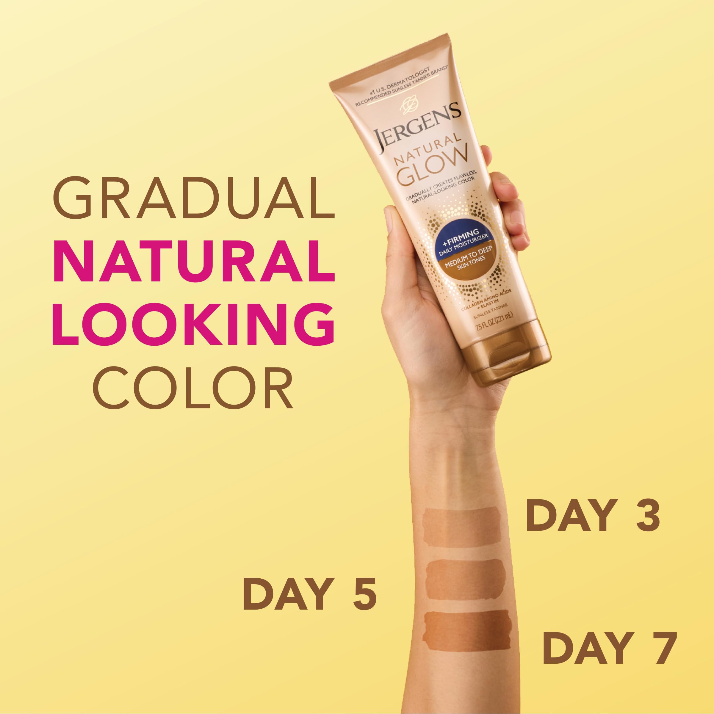 Jergens Natural Glow + Firming Daily Moisturizer Medium to Tan Skin Tones 7.5oz | Gradual Sunless Tanner, Collagen and Elastin, Firms Skin, Reduces Cellulite, Daily Moisturizer, Medium to Deep Skin Tone