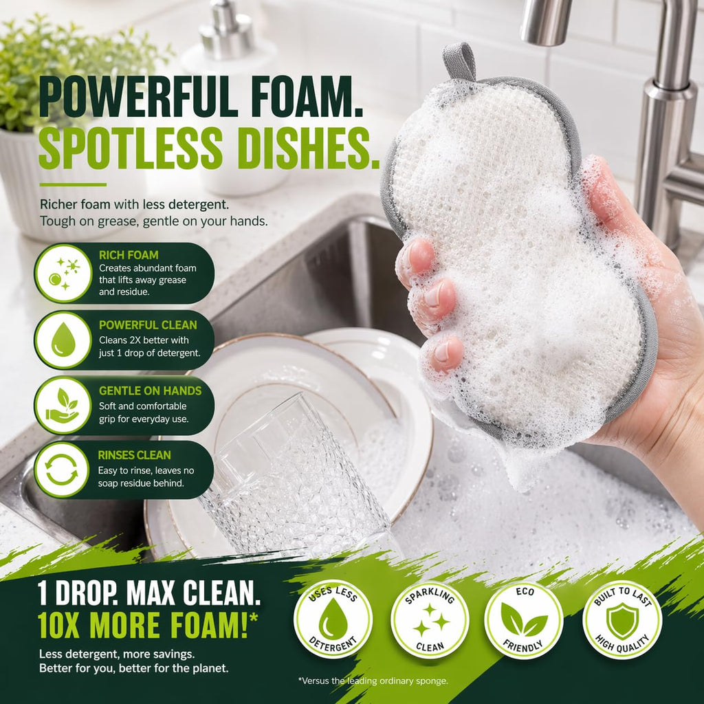 R&C Scrub Max Sponges Kitchen Dish Dual-Sided Sponge for Washing Dishes Cleaning Kitchen, All-Purpose (6 Pack,Large) Non Scratch, Rough Scrubbers Side for Non-Stick Cookware, Soft Microfiber Scrub