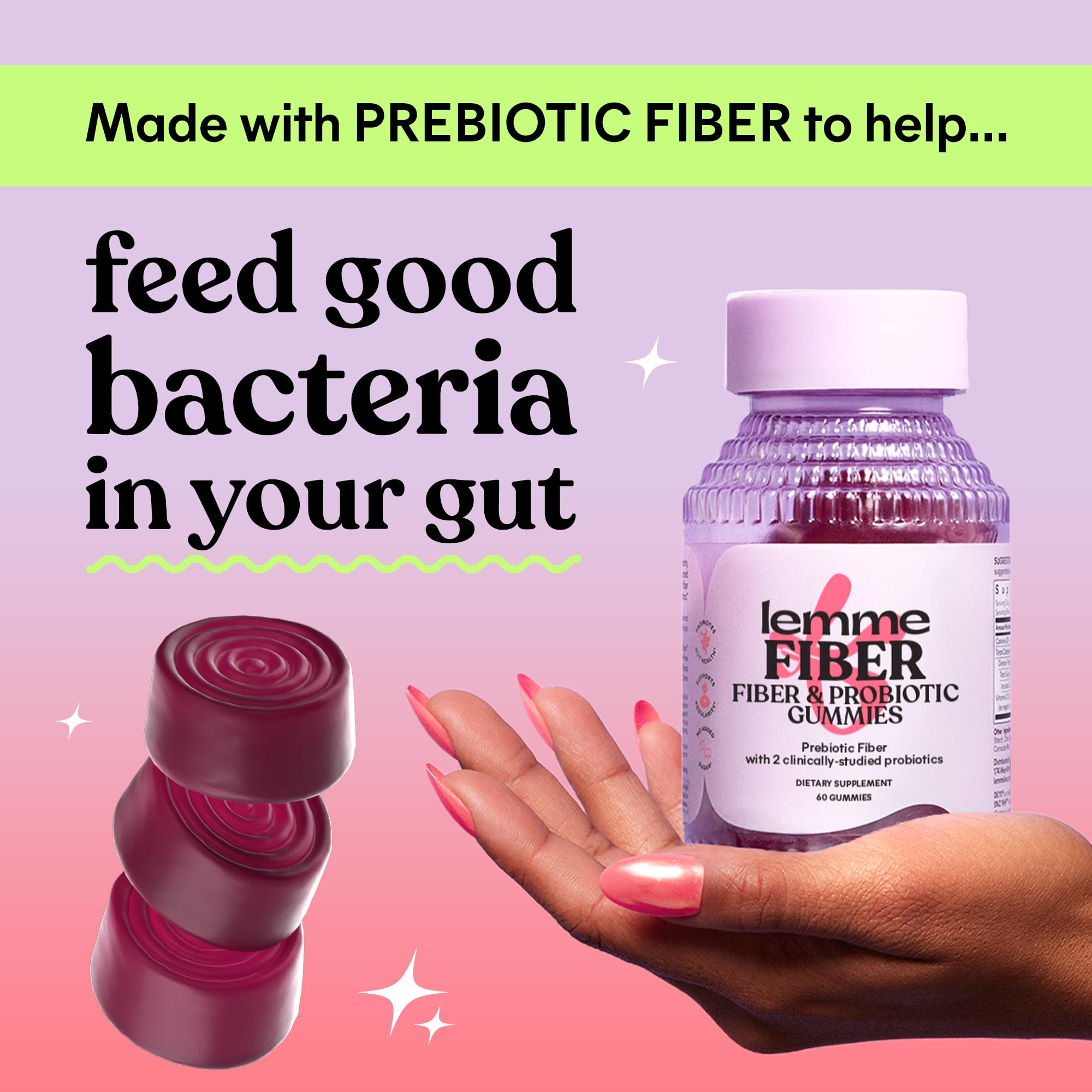 Lemme Fiber & Probiotic Gummies for Adults, 30-Day Supply | 4g Prebiotic Fiber & Clinically Studied Probiotic Strains to promote Regularity & Gut Health, No Sugar Added