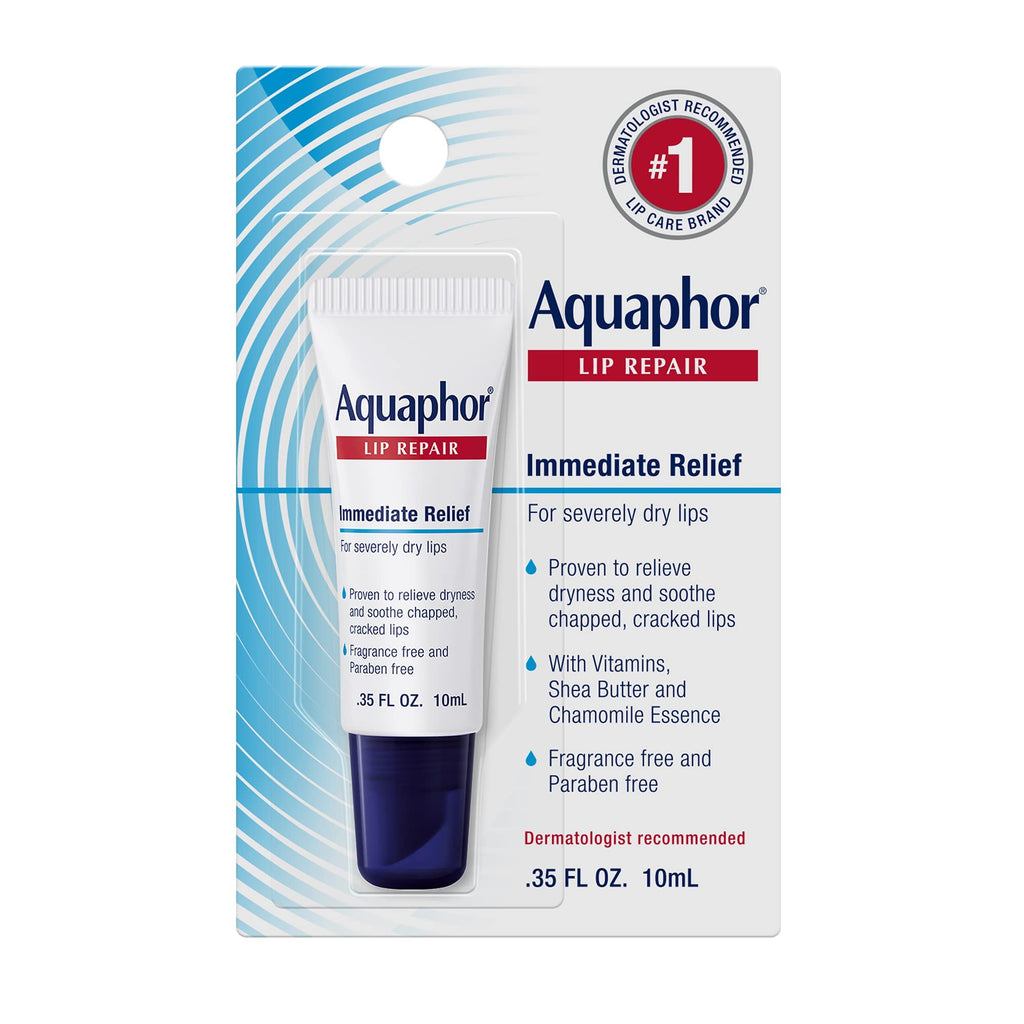 Aquaphor Lip Repair Ointment - Long-lasting Moisture to Soothe Dry Chapped Lips - .35 fl. oz. Tube | Lip Balm Moisturizer with Vitamins and Shea Butter, Immediate Dry Lip Relief, Paraben and Fragrance Free
