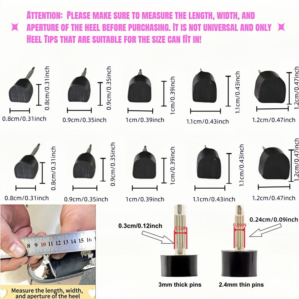 10 Pairs High Heel Tips Replacement - U/Cap Style, 2.4mm & 3mm Metal Core, 5 Sizes (8-12mm) | Durable Non-Slip Heel Caps for Women's Shoes | Quiet, Quick DIY Installation (Black)