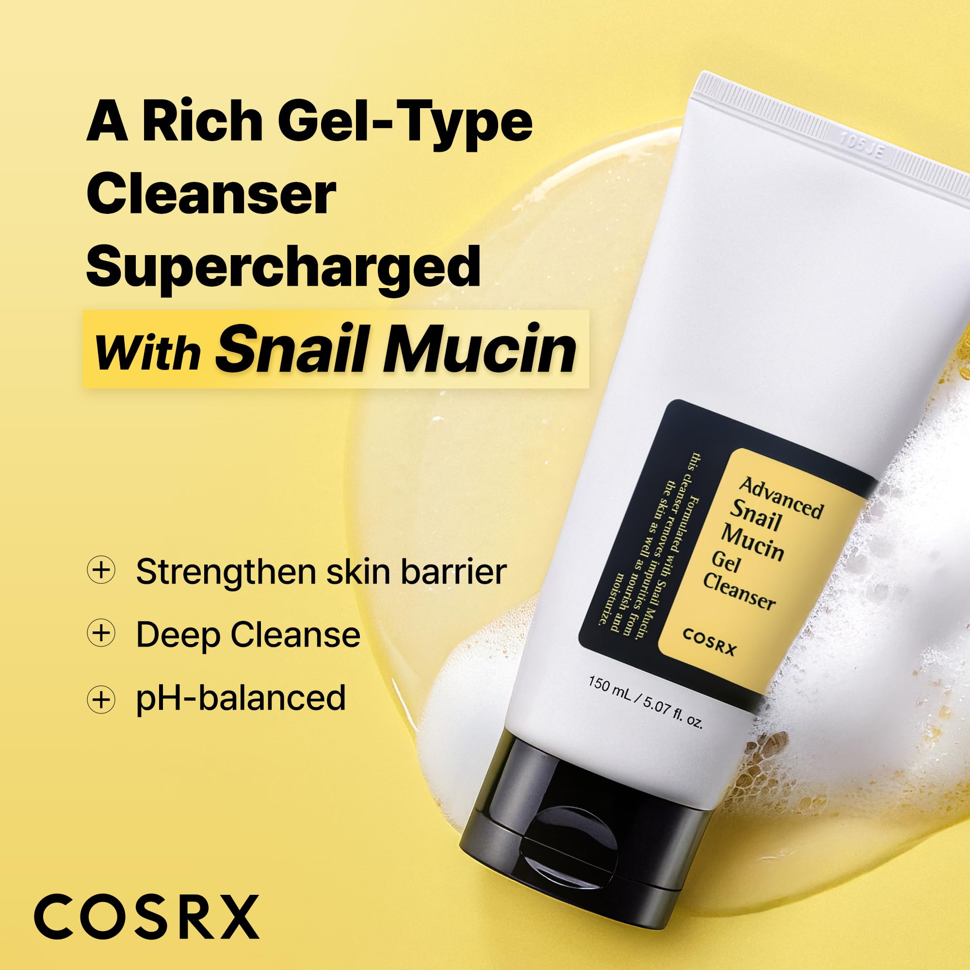 COSRX Advanced Snail Mucin Gel Cleanser for Dull, Sensitive Skin 5.07 oz. | Rich Daily Deep Cleansing Gel Cleanser for Dull, Dry & Sensitive Skin, Korean Skin Care, Korean Face Wash