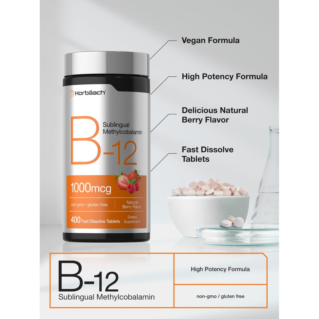 Horbaach Vitamin B12 1000 mcg Sublingual | 400 Fast Dissolve Tablets | Methylcobalamin Supplement for Women and Men | Berry Flavor | Vegan, Non-GMO, and Gluten Free