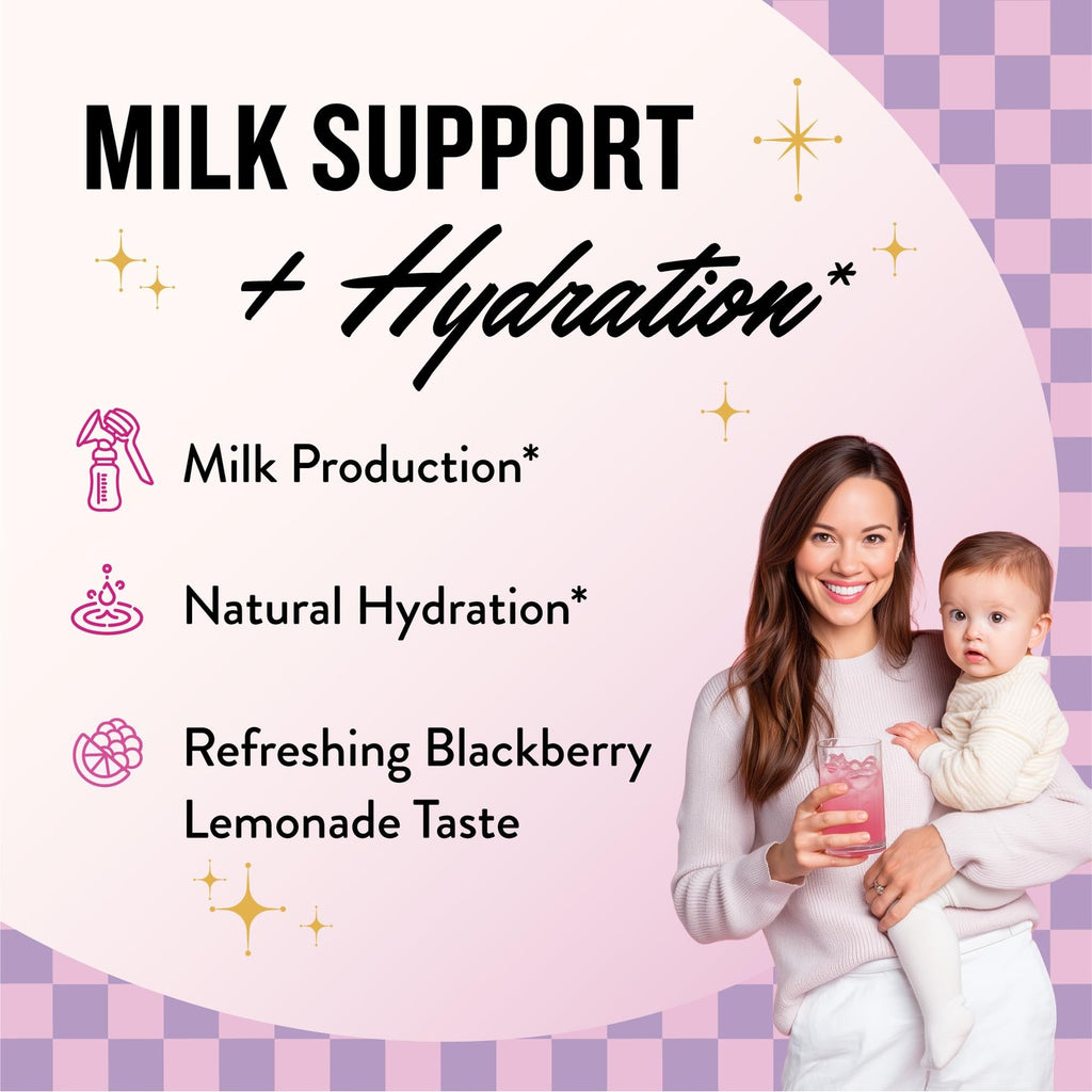 Legendairy Milk She's Flowing Lactation Hydration Mix, 18 Stick Packs | Blackberry Lemonade Electrolyte Sticks with Coconut Water, Moringa and Milk Thistle, Fenugreek-Free Postpartum Hydration