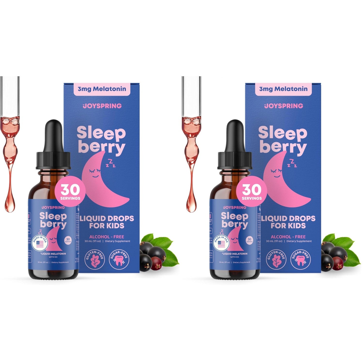 JoySpring SleepBerry Kids Melatonin 3mg Drops, Berry, 1 fl oz, 30 Ct | With L-theanine and Vitamin D plus soothing botanicals, supports calm, restful nights, non-habit forming, sugar-free