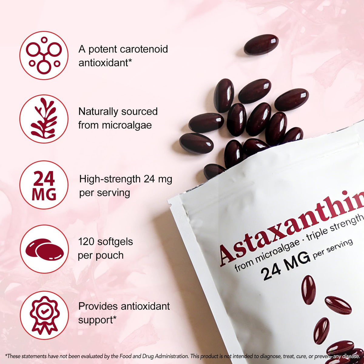 Astaxanthin Supplements 24mg | 120 Softgels | Natural Astaxanthin Antioxidant Supports for Eye, Skin & Joint Health | Fresh Microalgae Source | Non-GMO, Gluten Free