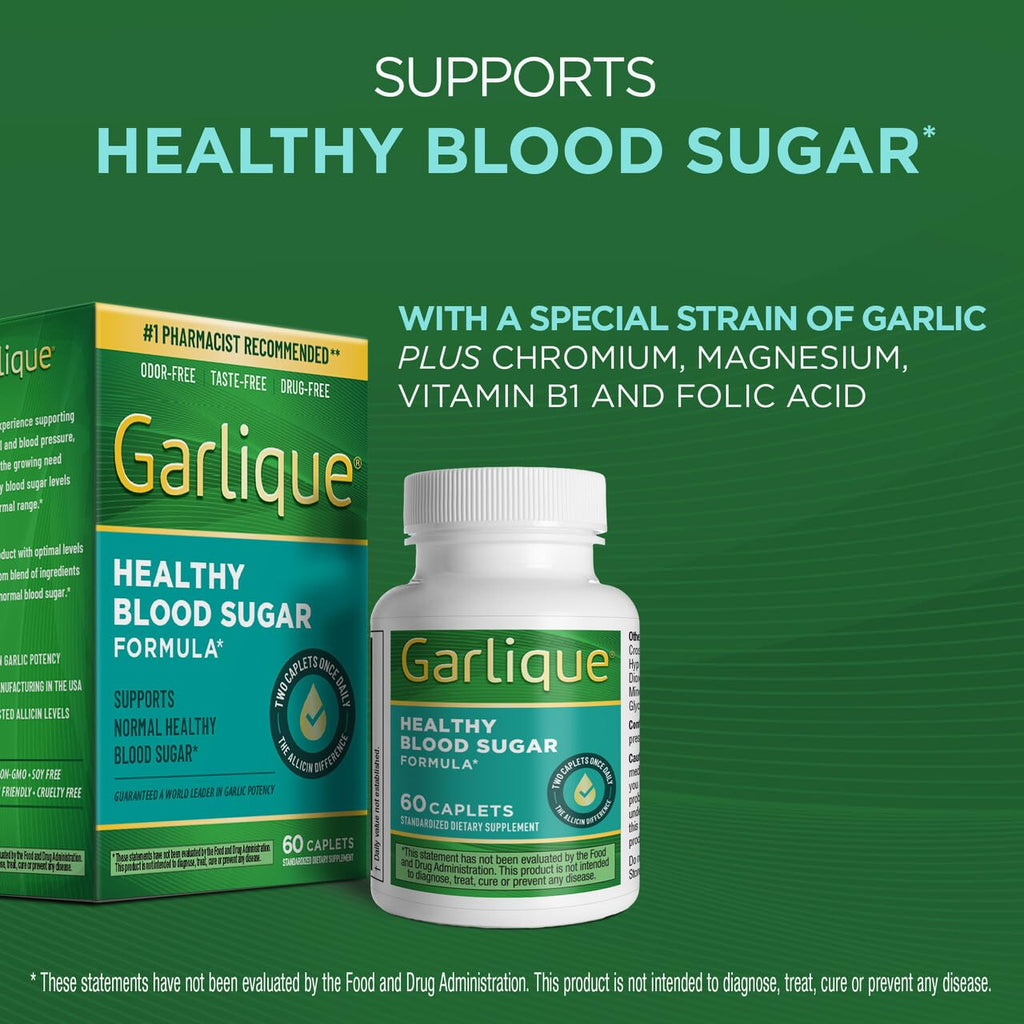 Garlique Garlic Extract Supplement, Healthy Blood Sugar Formula, Blood Sugar Support, 6000 mcg allicin, Odorless & Vegan, 60 Caplets