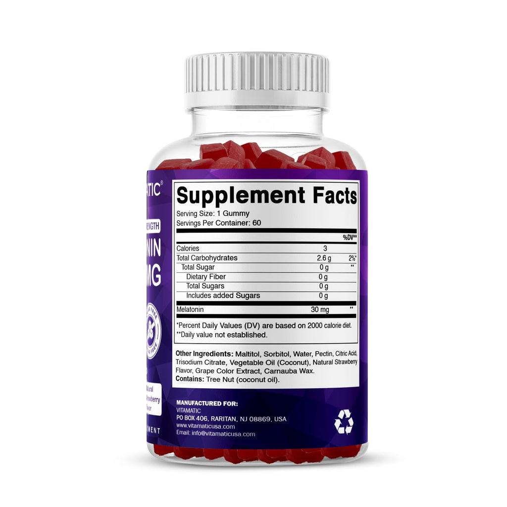 Vitamatic Sugar Free Melatonin 30mg per Gummy - 60 Servings - 60 Vegetarian Gummies - Non-Habit Forming Supplement (60 Count (Pack of 1)) | 60 Vegetarian Gummies, Non-Habit Forming, Supplement