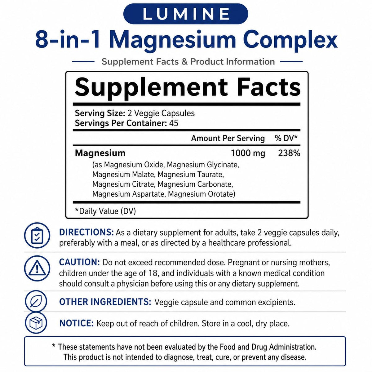 Lumine Magnesium Complex Supplement - Advanced 8-in-1 Elemental 1000mg- Glycinate, Citrate, Malate, Taurate, Chelated for Easy Absorbed, Energy-Restoring, 90 Capsules