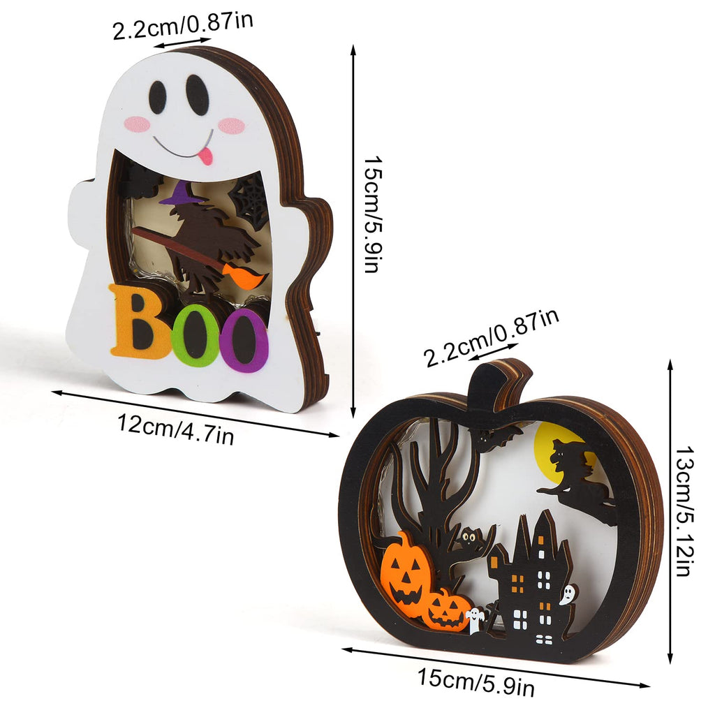 SULOLI Halloween Wooden Lighted Pumpkin for Tabletop, 2pcs Light Up Pumpkin Ghost Lamp Lantern Shadow Box Halloween Table Decorations Ornament