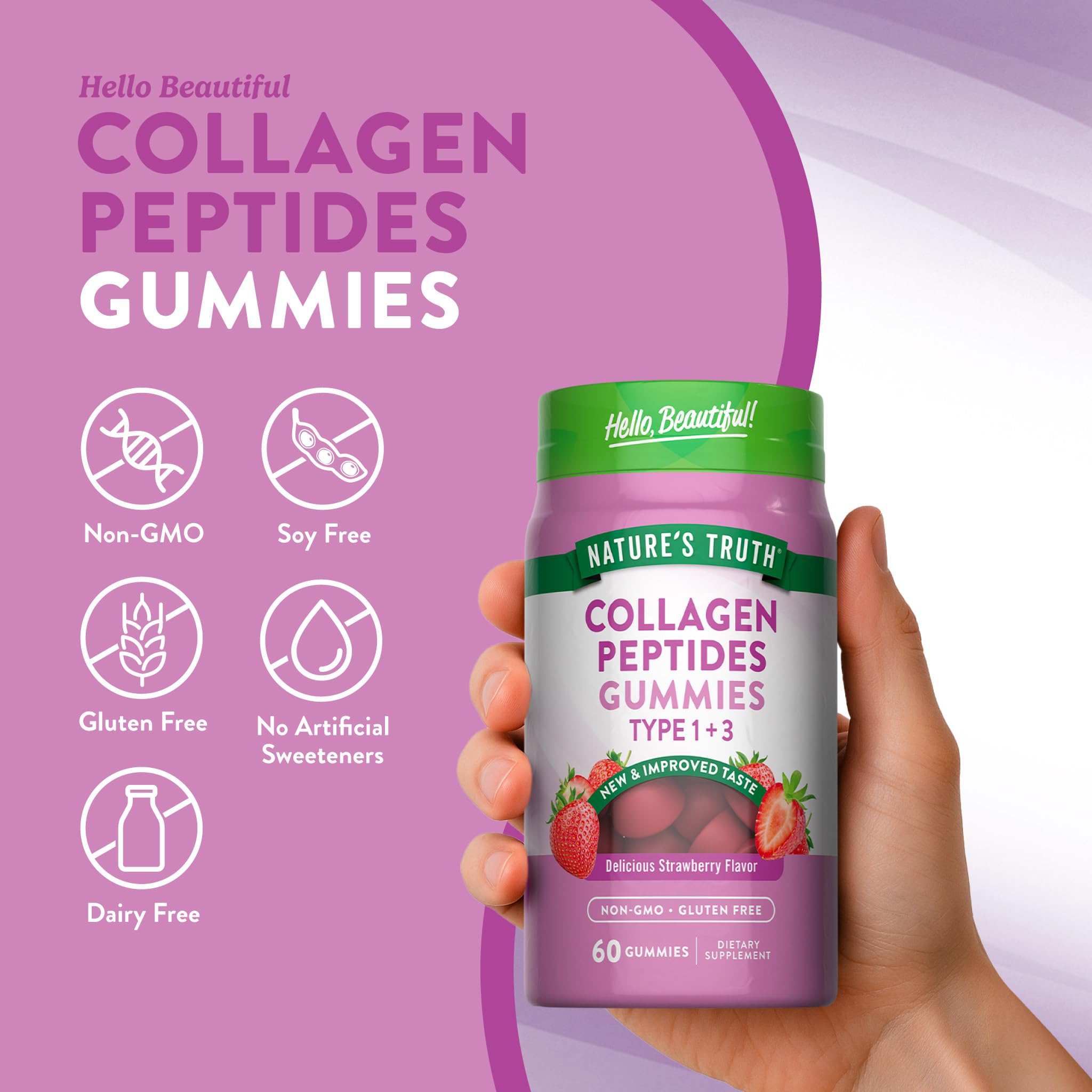 Nature's Truth Collagen Peptide Gummies for Women | 60 Count | Type 1 & 3 | Strawberry Flavor | Non-GMO & Gluten Free Supplement