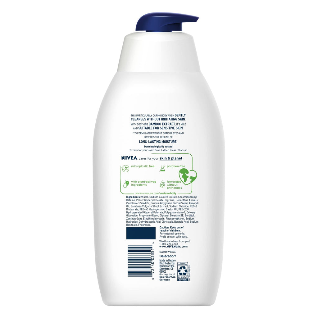 Nivea Men Sensitive Body Wash with Bamboo Extract, Moisturizing Body Wash for Sensitive Skin, Soap Free Shower Gel for Men with No Drying Alcohol, 30 Fl Oz Bottle (Pack of 2)