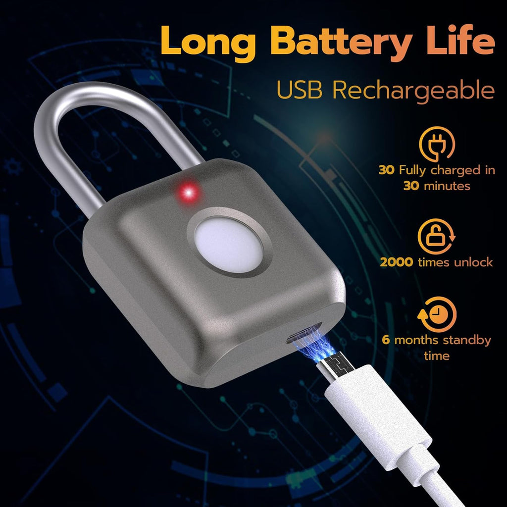 Buy now Pothunder Fingerprint Smart Padlock Lock, Biometric Metal Keyless Thumbprint Lock, Waterproof, USB Rechargeable, for Gym Locker, School Locker, Luggage, Backpack, Suitcase(Gray) at indiglob india