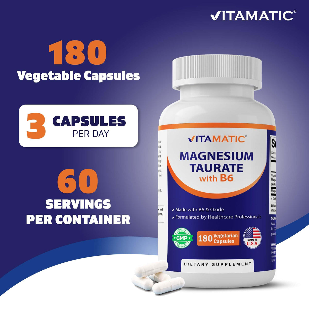 Vitamatic Magnesium Taurate 1500mg per Serving - 180 Vegetarian Capsules (Provides 300 mg of Elemental Magnesium) - Added B6 for Maximum Absorption - Supports Muscle, Joint, and Heart Health*