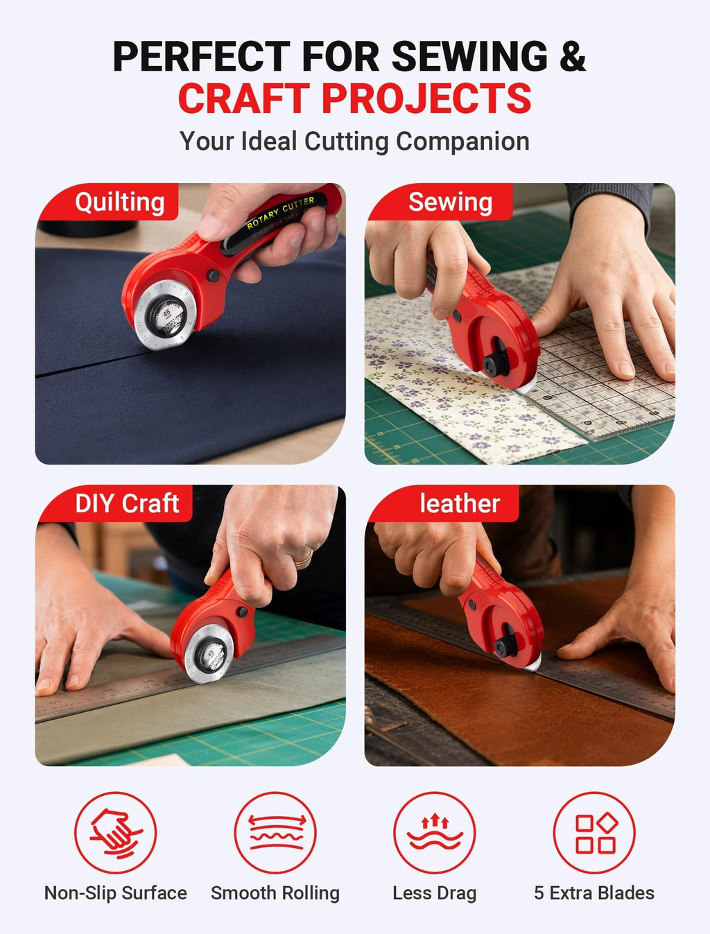 45mm Fabric Rotary Cutter with 5 Extra Blades, Ergonomic Handle