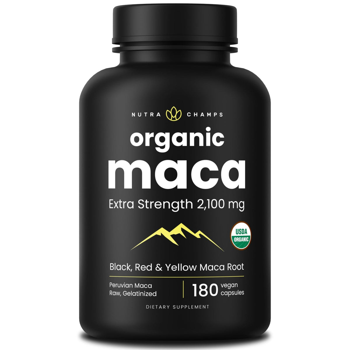 NutraChamps USDA Organic Maca Root Capsules for Women & Men, 2100mg, 180 Capsules, Black, Red & Yellow, Peruvian Maca Peruana, Gelatinized Maca Root Powder Extra Strength Pure Premium Supplement