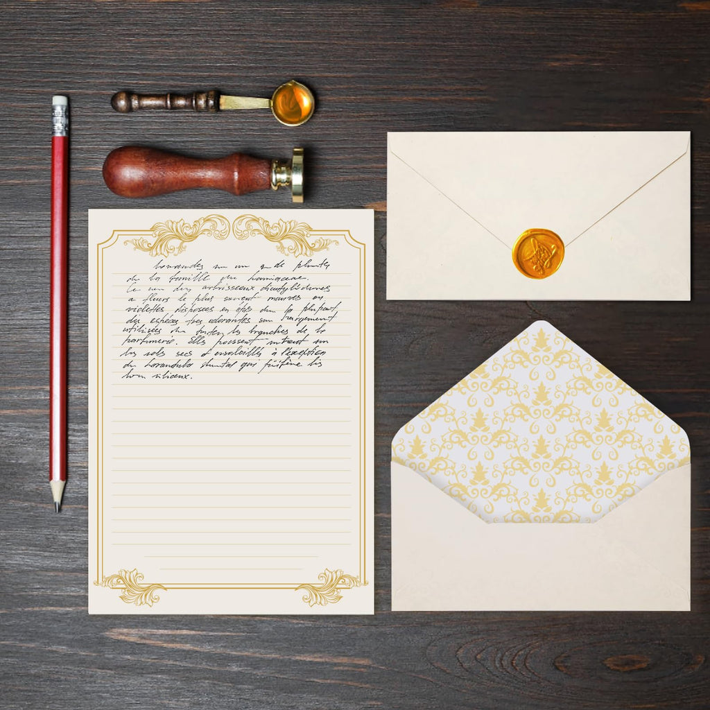 XXINMOH 90 Piece Stationery Set - 60 Vintage-Style Paper Sheets + 30 Envelopes, Gold Border Letter Writing Paper for Love Letters & Party Invitations