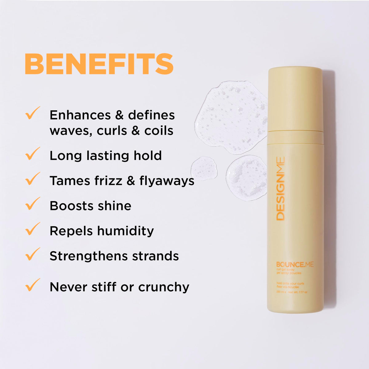 Design.Me BOUNCE.ME Curling Gel Spray | Frizz-Free Curl Defining Gel - Refresh Curls, Waves, Coils | Non-Crunchy, Non-Sticky Formula - Climate Control Styling, 7.77Oz