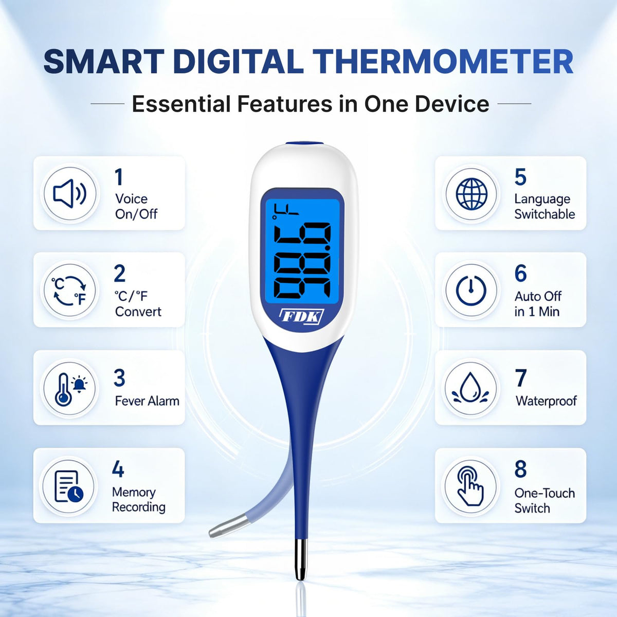 FDK Large LCD Screen Digital Thermometer for Fever, 8 Seconds Fast & Accurate Readings, Large LCD Dual Color Backlight Flexible Tip Ideal for Adults Kids and Babies FSA