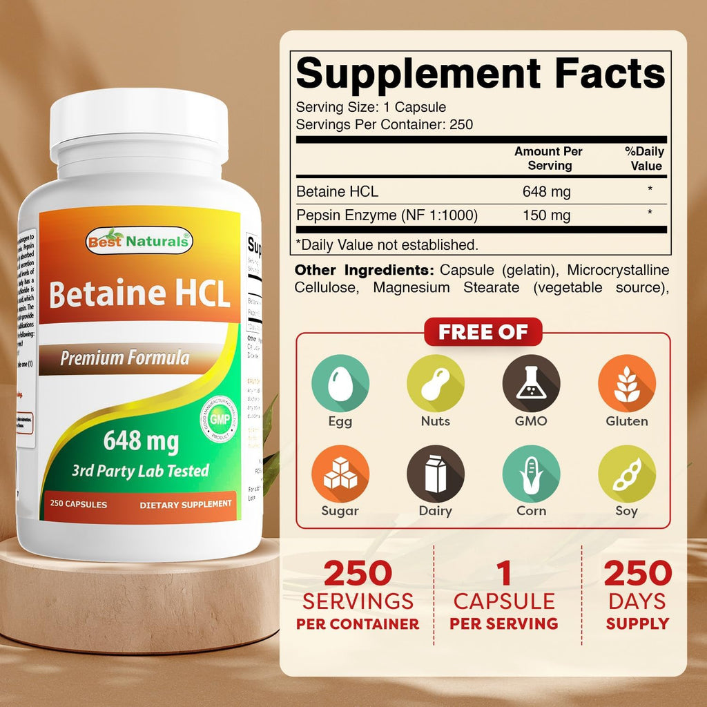 Buy now Best Naturals Betaine HCL 648 mg 250 Capsules at indiglob india