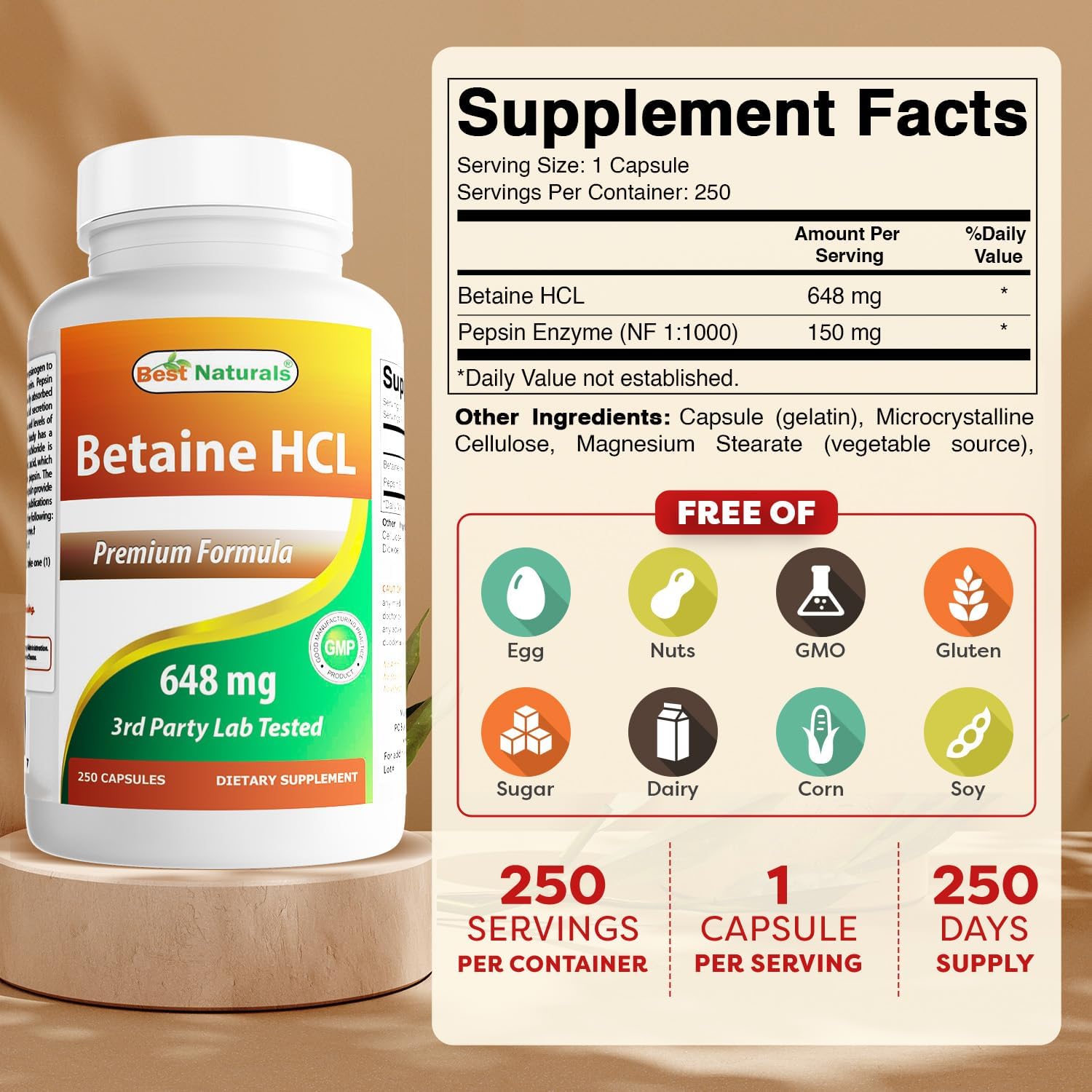 Buy now Best Naturals Betaine HCL 648 mg 250 Capsules at indiglob india