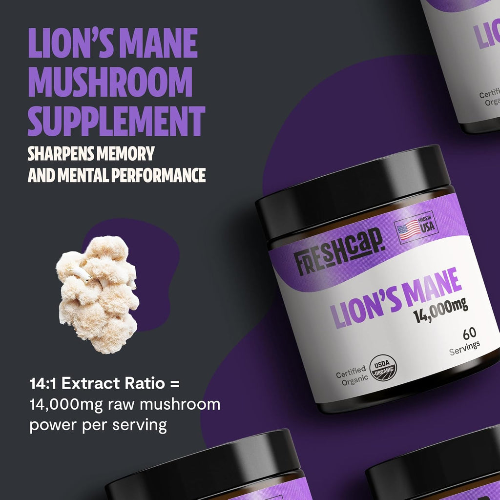 Buy now FreshCap Mushrooms Lions Mane Supplement Powder 14,000mg - Lions Mane Extract, Mushroom Supplement for Focus & Memory, Organic Lions Mane Powder (60 Servings) at indiglob india