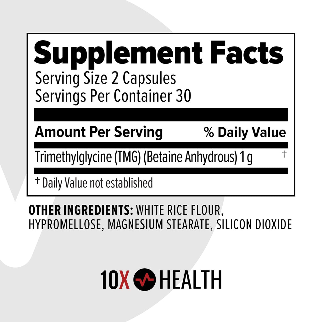 10X Health Tmg Supplements - 60 Capsules | Trimethylglycine: Betaine Anhydrous, Liver & Heart Support, Non-GMO & Gluten-Free