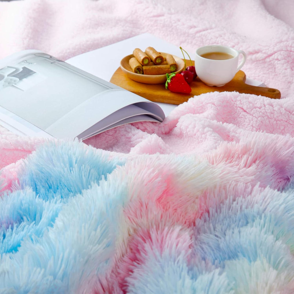 Buy now BOBOR Faux Fur Throw Blanket, Tie Dye Rainbow Sherpa Fleece Fluffy Blanket for Girls, Super Soft Fuzzy Plush Cozy Lightweight Decorative Blankets for Couch Sofa Bed (Rainbow, 59"x79") at indiglob india